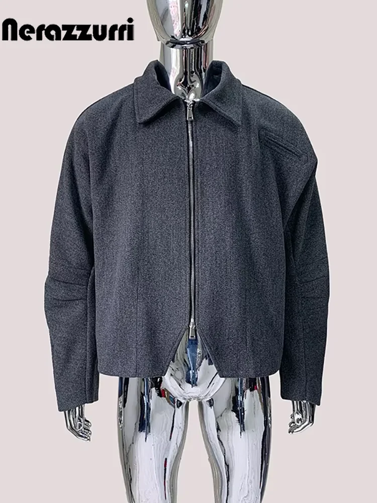 

Nerazzurri Autumn Winter Short Thick Warm Short Soft Grey Fluffy Woolen Jacket Men Zipper Elegant Chic Luxury Designer Clothes