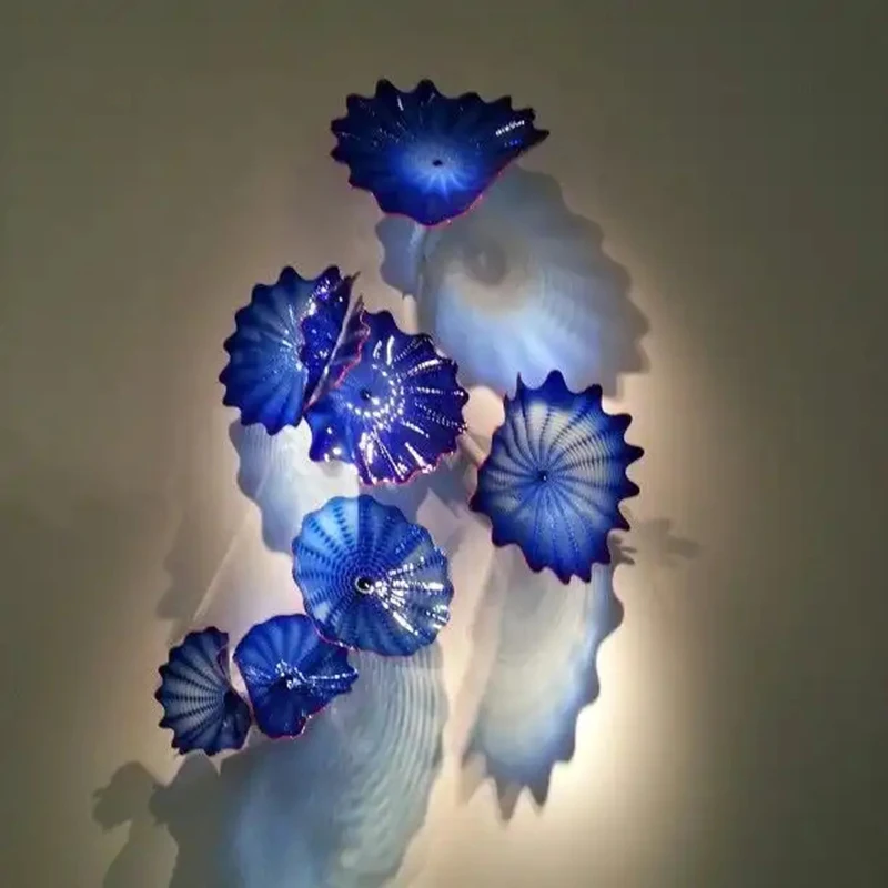 Luxury Blue Plates Murano Glass Handmade Wall Mounted Flower Sconces for Living Room Creative Wall Hanging Lamp for Gallery