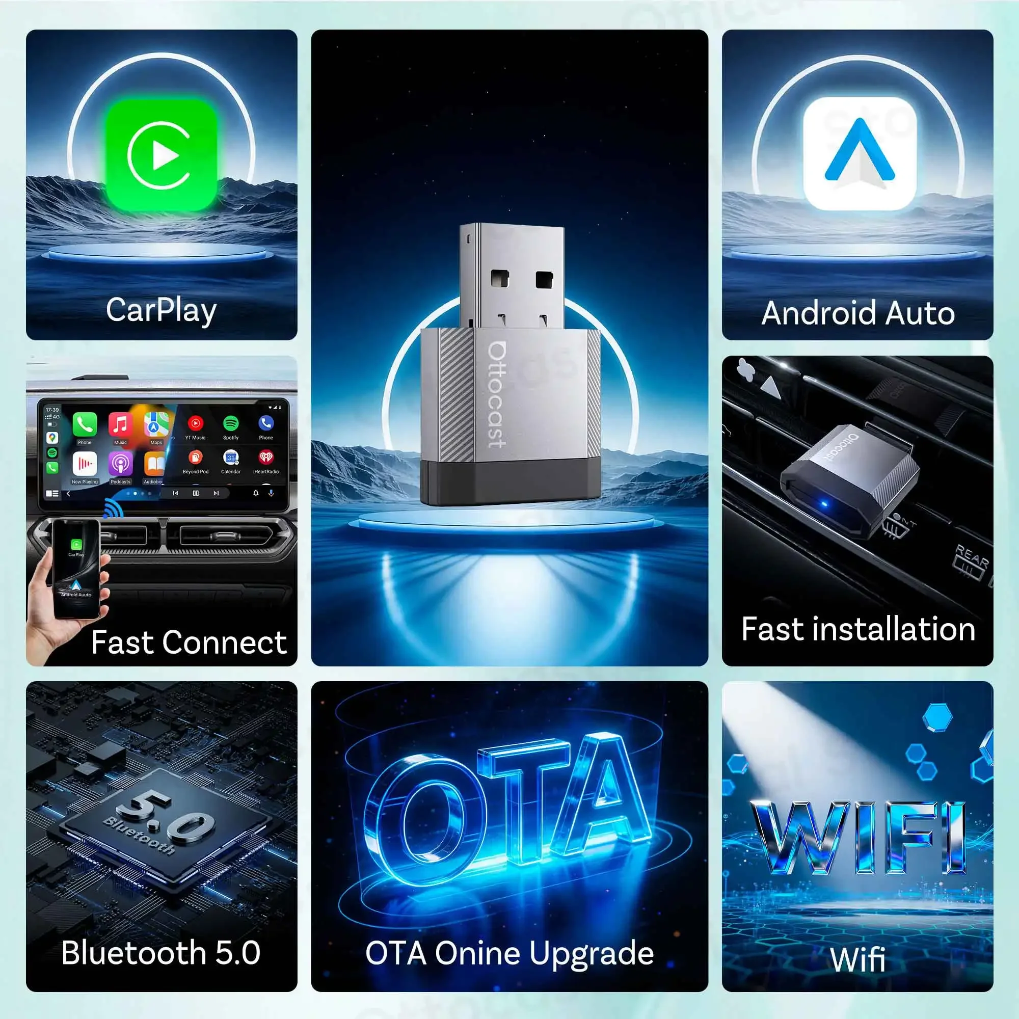 Ottocast Mini Nova Wireless Adapter CarPlay Android Auto Bluetooth WiFi USB Dongle Cube 3.0 for Nissan Ford Renault Mazda VW Ben