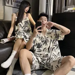 Couple pajamas summer short-sleeved thin section cute men and women short-sleeved shorts suspenders summer homewear suit