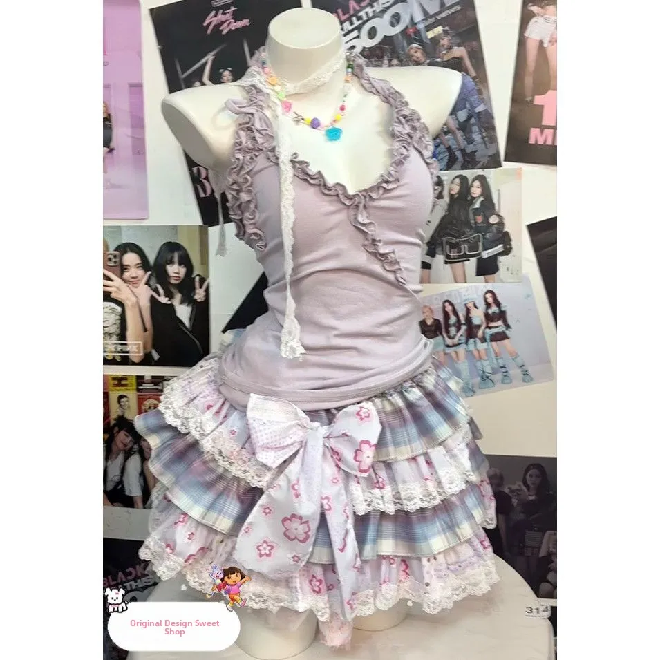 

Original Handmade Sweet Desire Assault Ruffle Halter Neck Strap Top Half-length Skirt Cake Design Summer Collection Women's F...
