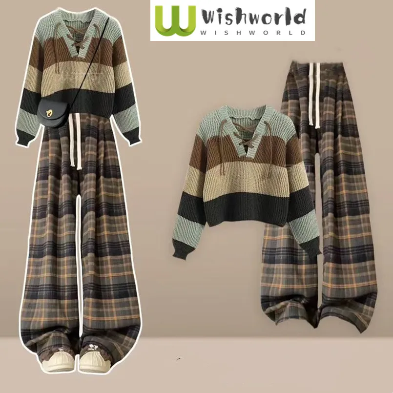 

Autumn/Winter Korean Knitted Striped Sweater High Waist Checkered Wide Leg Pants Two Piece Set