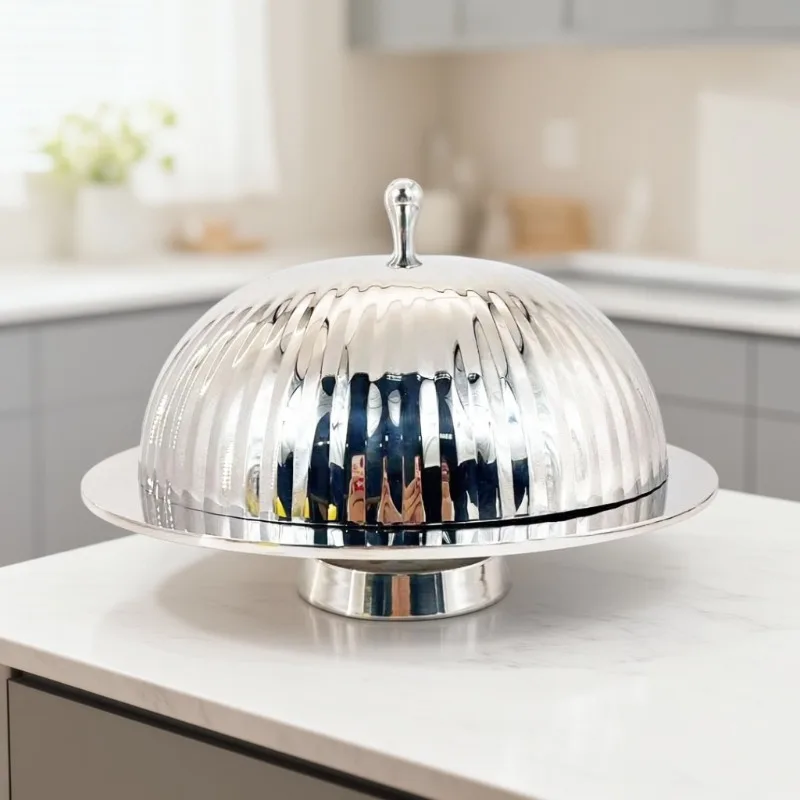 Nordic Luxury Stainless Steel Food Tray with Cover Dustproof Steak Plate Pastry Dish Cake Platter Buffet Serving Tray