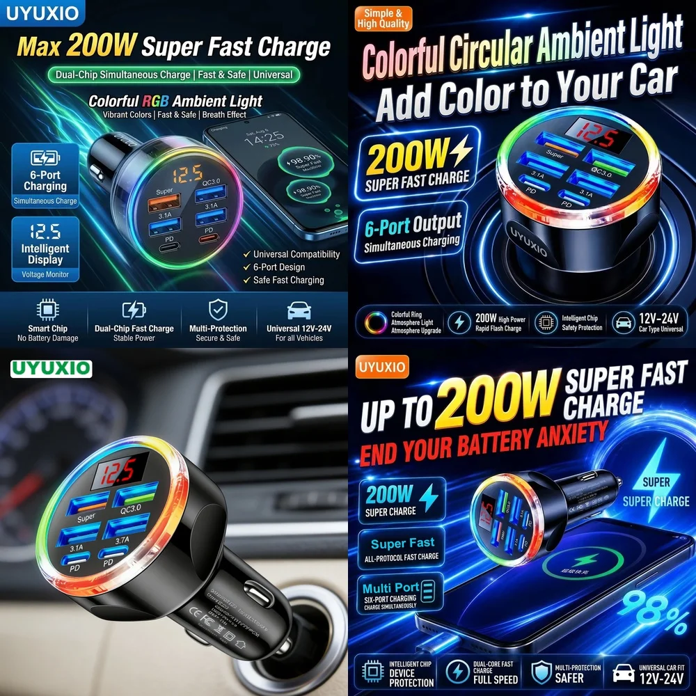 Multi Port Fast Charging Car Plug Electronics Products for iPhone 18 17 16 Samsung S26 S25 S24 with Digital Voltage Monitor