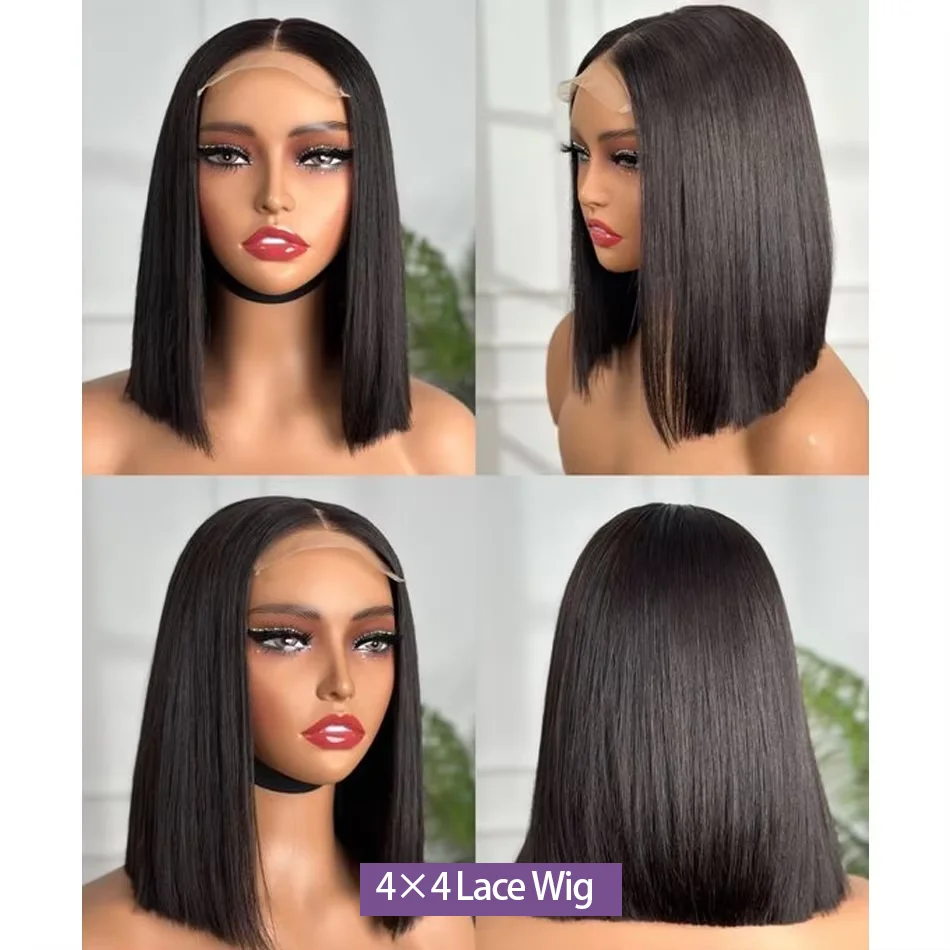 Perruque Bob Lace Front Wig Remy Brésilienne Naturelle, Cheveux Courts Lisses, 13x4, Transparent, pour Femme Noire