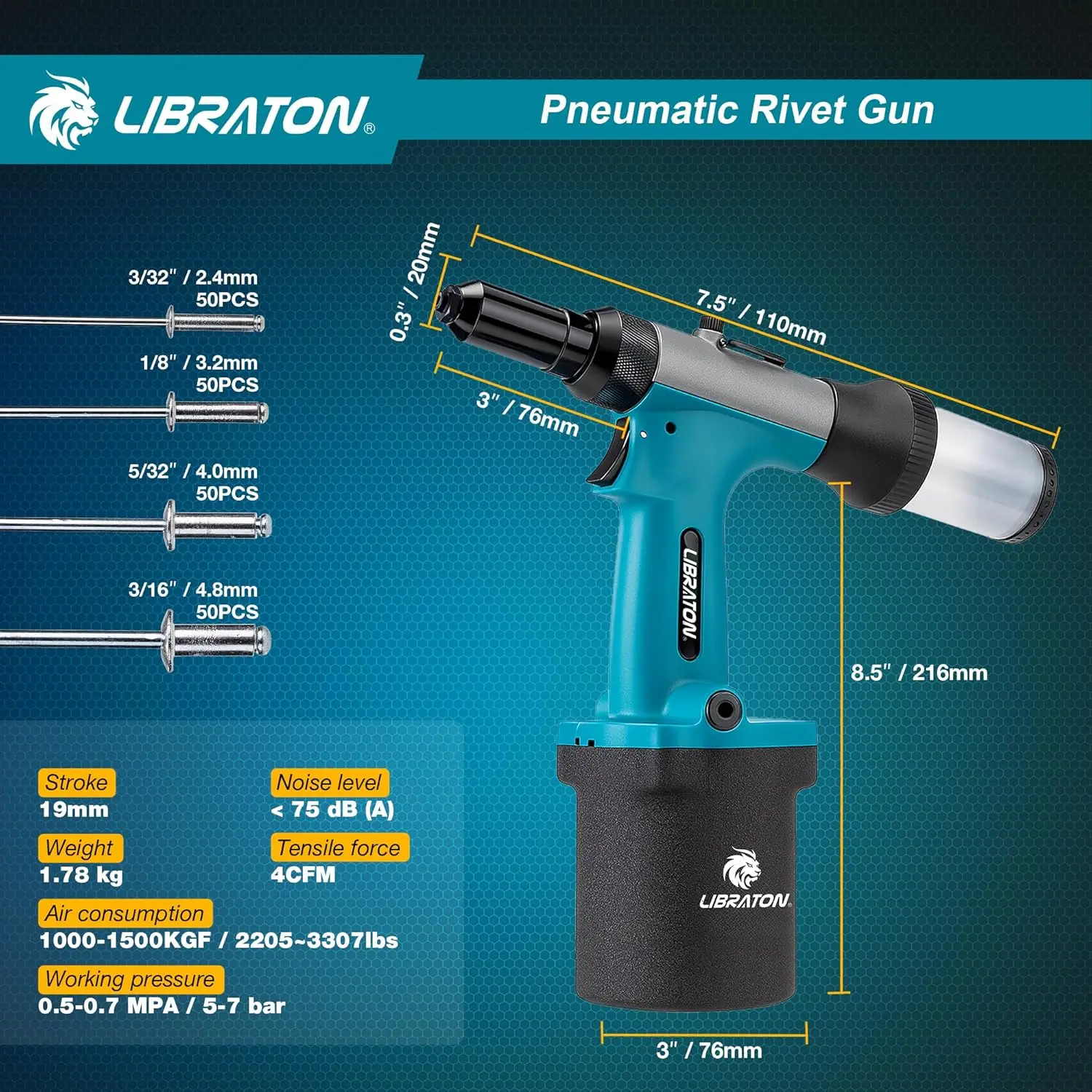 طقم مسدس برشام هوائي، ممبر هواء عالي التحمل 3/32 بوصة، 1/8 بوصة، 5/32 بوصة، 3/16 بوصة مع 200 مسامير، تصميم ذاتي الشفط