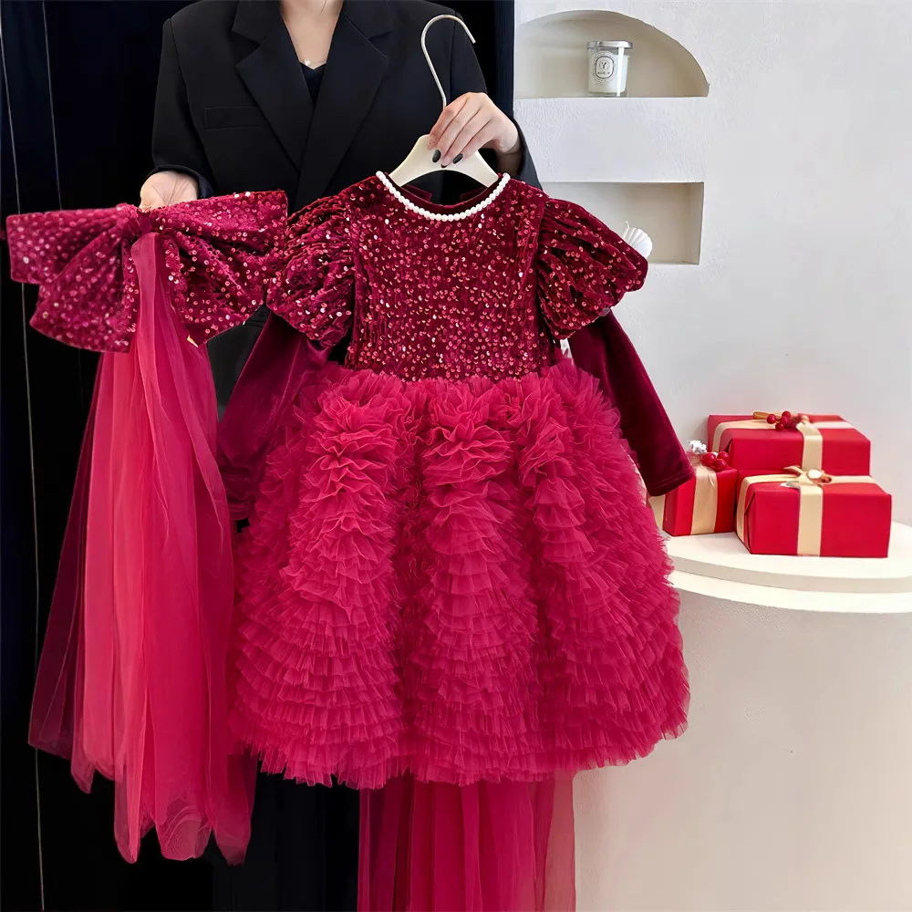 

Girls Princess Dress 2025 New New Year Christmas Autumn Winter Girls Red Sequin Dress High End Bow Flower Girl Tutu Dress