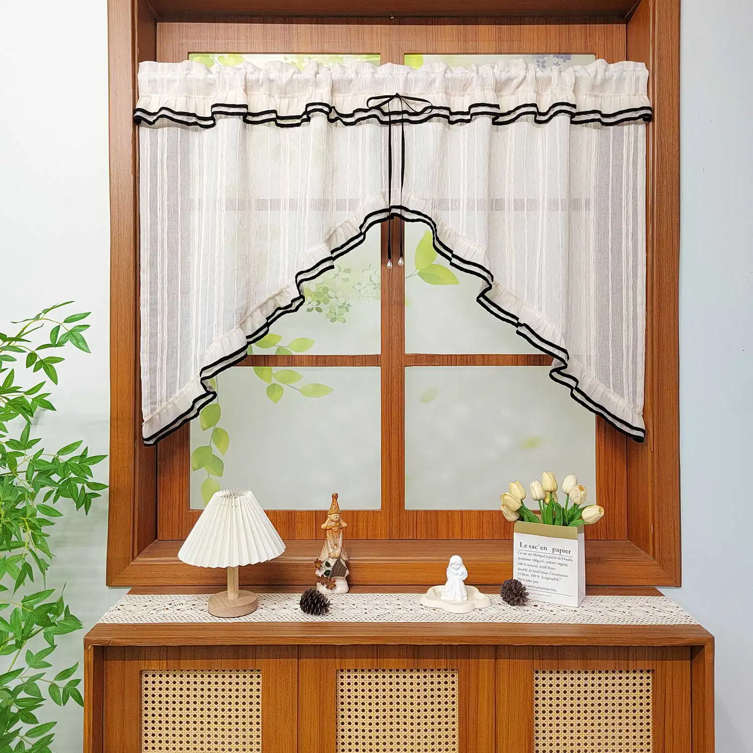 Korean-Style Black Lace Beige Triangular Curtains,With A Hand-Tied Bow And Pearl Valance Curtains, Apartment Kitchen Drapes