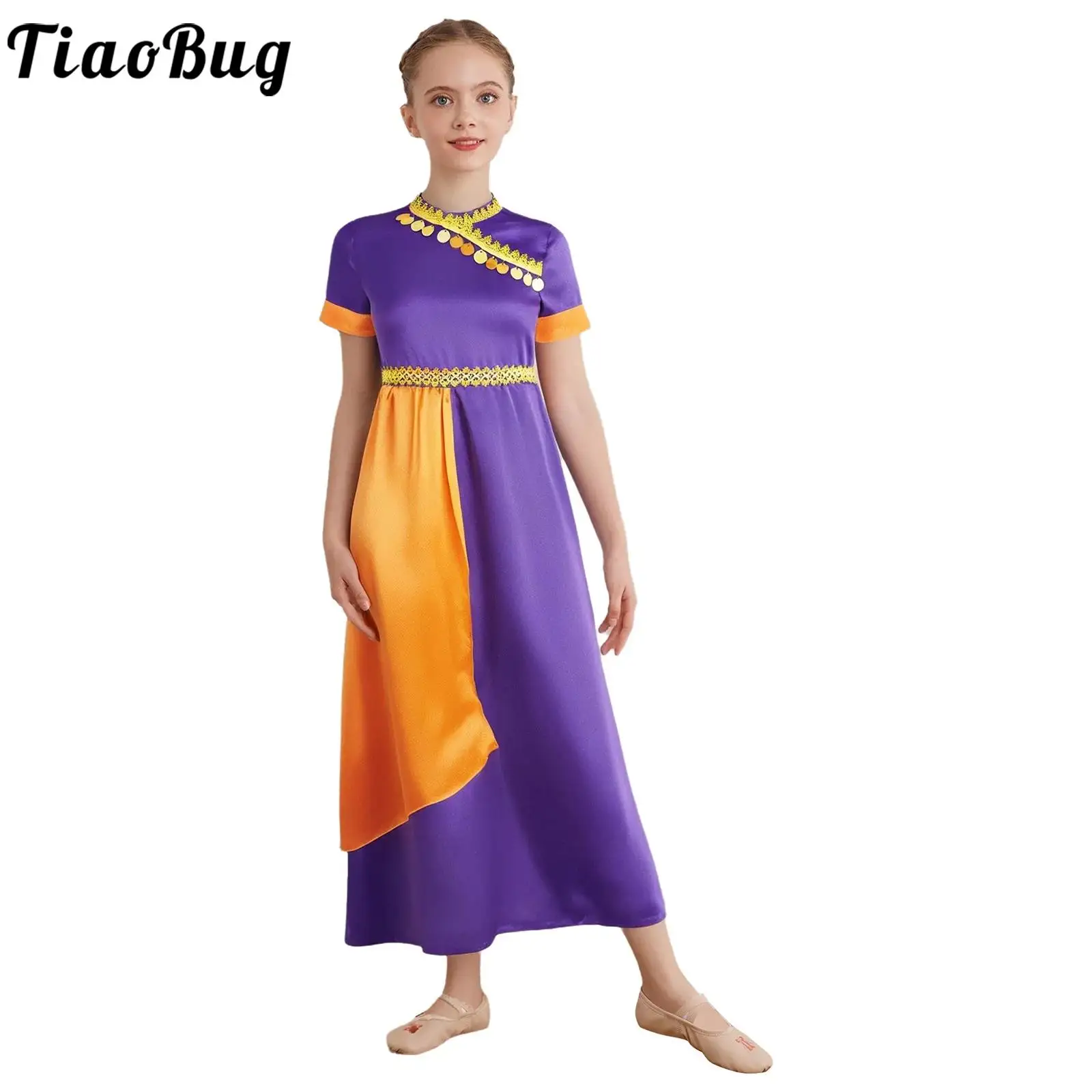 Girls Indin Princess Saree Indian State Dance Costume Short Sleeve Gold Trim Dress for Carnival Party Belly Dance Performance
