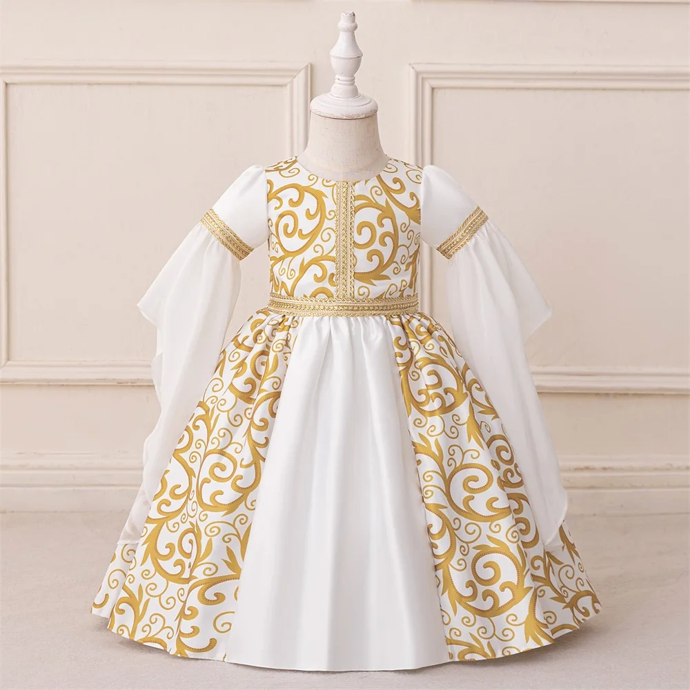 

Baby Middle Eastern Robe Ramadan Muslim Print White Patchwork Ball Gown Party Banquet Piano Performance Evening Dress