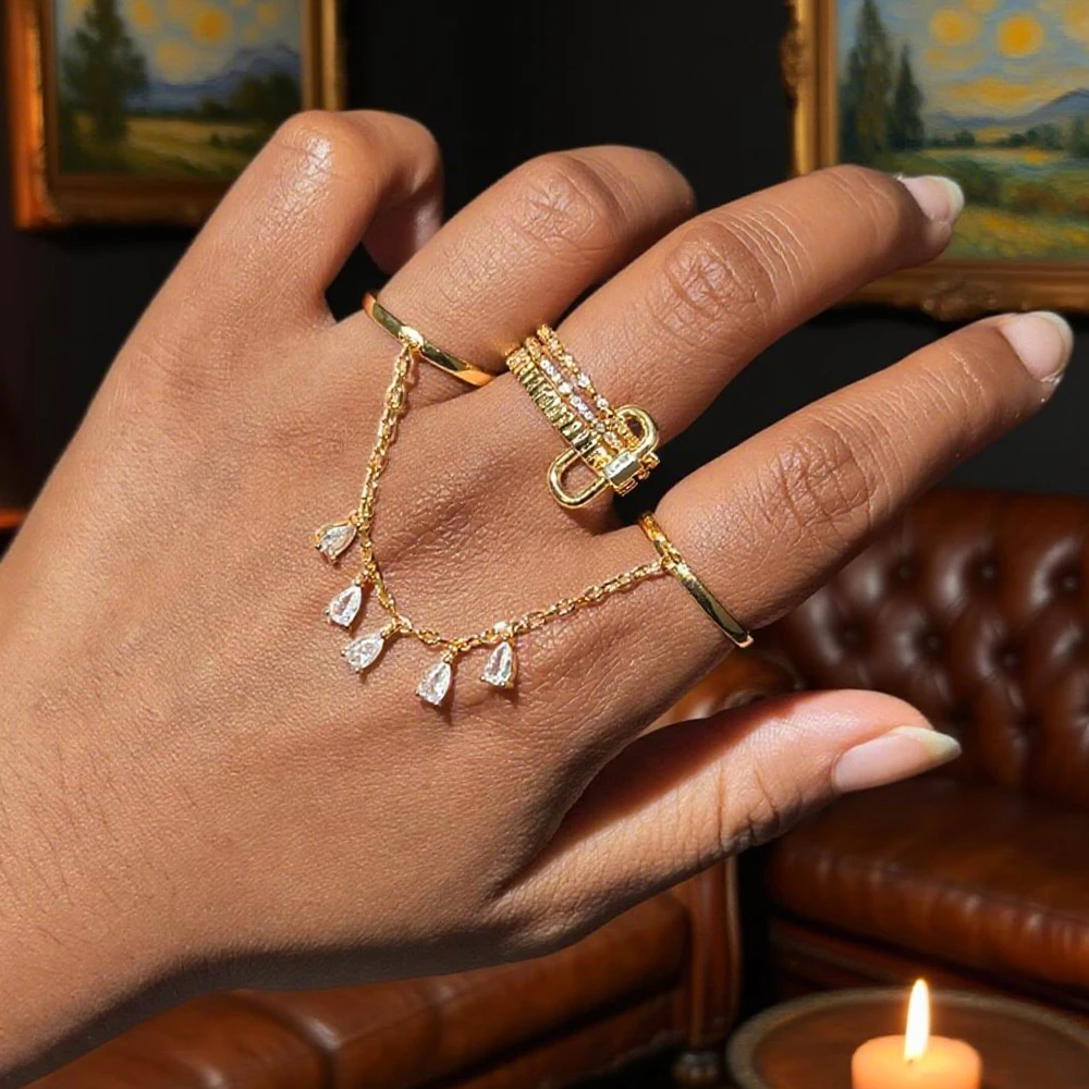 2025 Fashion New Long Chain Ring with Shiny Cubic Zirconia Chain Connecting Joker Ladies Ring Jewelry Gifts