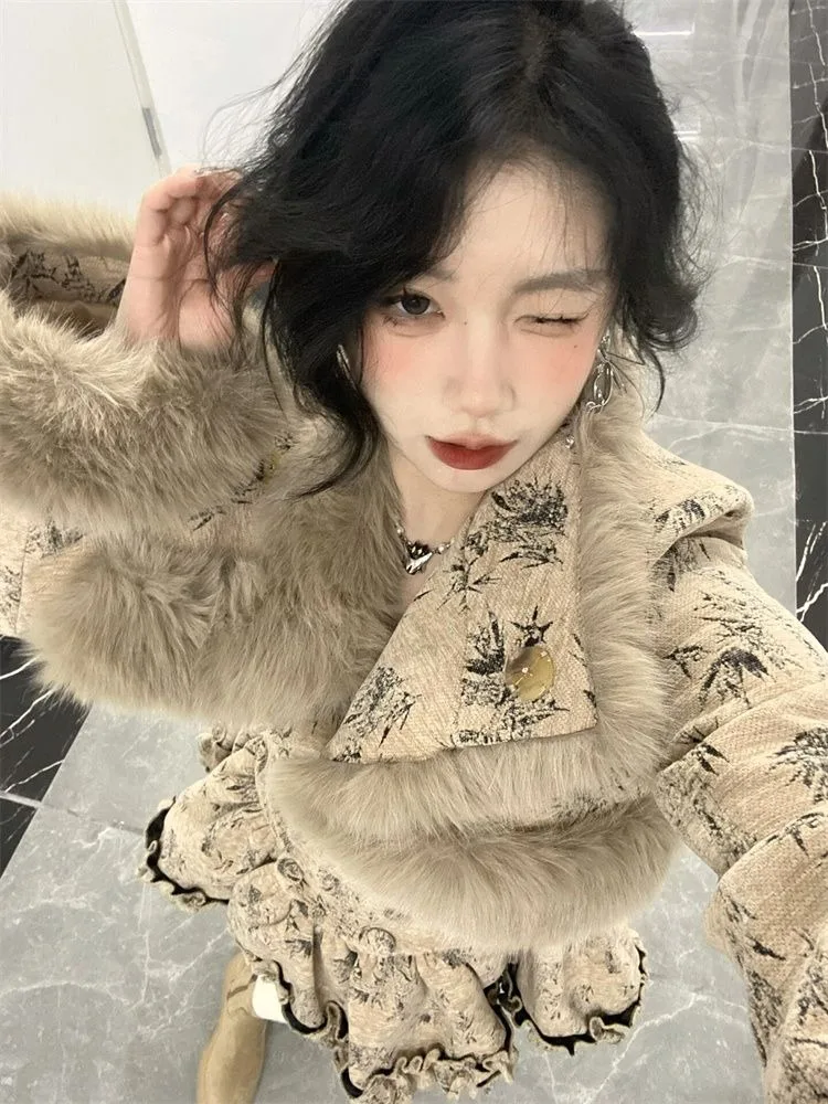 Elegant Vintage Print Long Sleeve Fur Cardigan Coat Women+ Sexy Slim Fit Camisole Dresses Early Autumn New Two Piece Sets