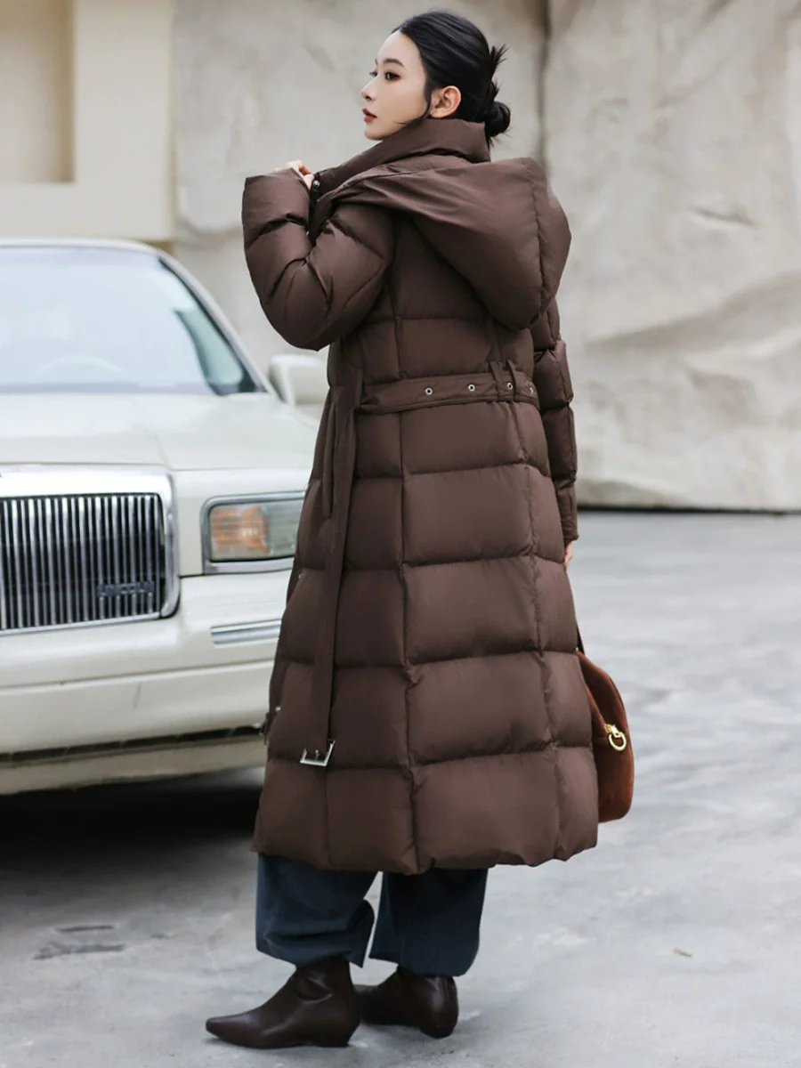 Donsjack met lange taille voor dames 2025, wintermode, verdikte witte eendendons, over de knie jas met capuchon, trendy