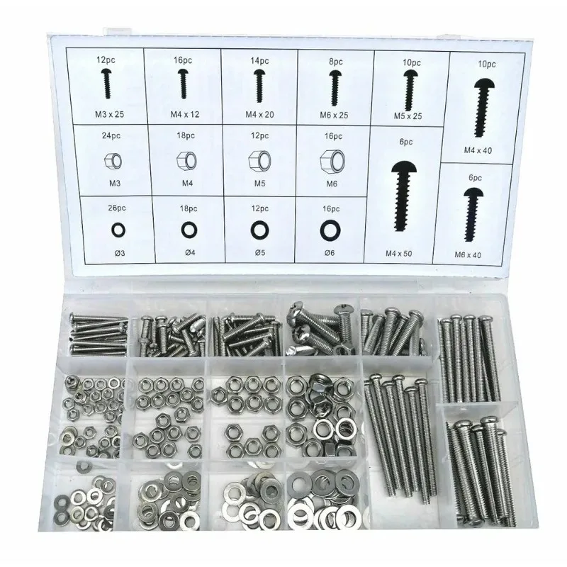 246pcs M3 M4 M5 M6 304 Stainless Steel Screws Nuts Washers and Bolts Assortment Set Kit Box