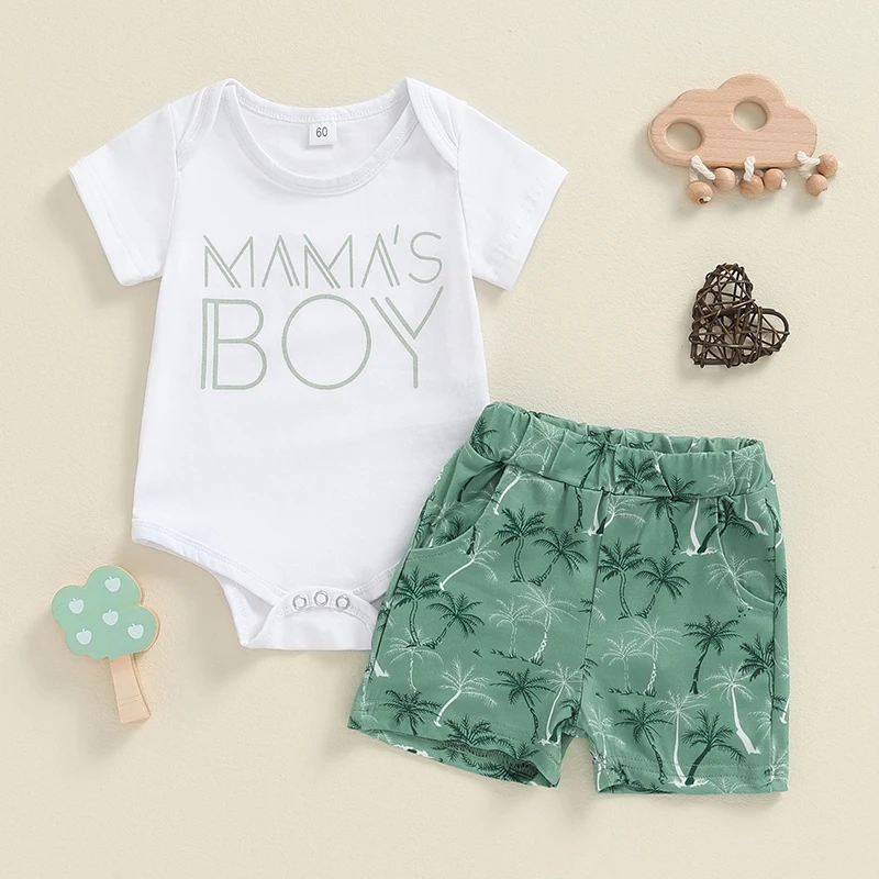 2-Piece Baby Boys Set Short Sleeve Round Neck Letter Print Romper Coconut Palm Print Shorts Outfits