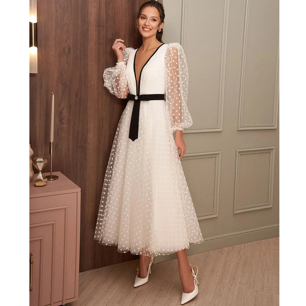 

Arya Tea-Length Evening Dress V-Neck Illusion Lantern Long Sleeves Women with Belt A-Line Party Banquet Custom Made Gowns