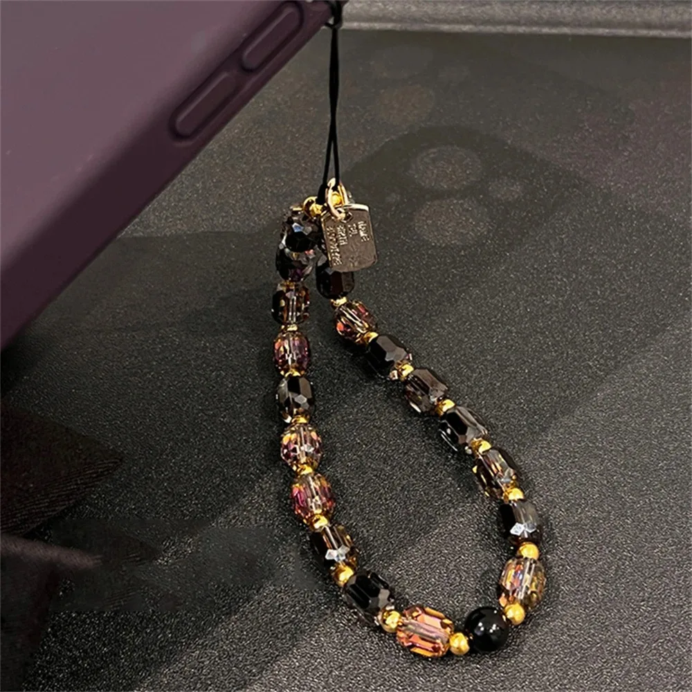 Cute Black Gold Crystal Beaded Phone Chain Kawaii Luxury Anti-Lost Phone Strap Women Fashion Pendant Keychain Gifts