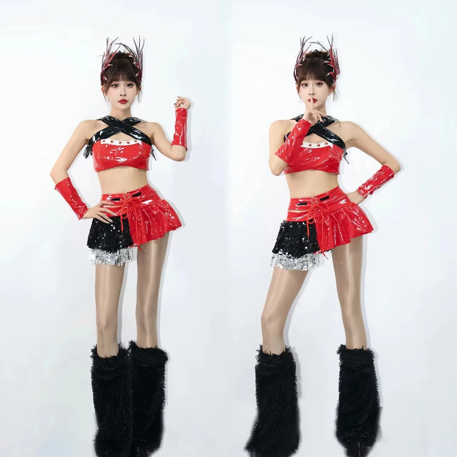 تنورة ليزر حمراء للبالغين، زي رقص الجاز، زي أداء مجموعة الفتيات الكورية، ملابس مثيرة للمسرح لمهرجان الموسيقى الإلكترونية