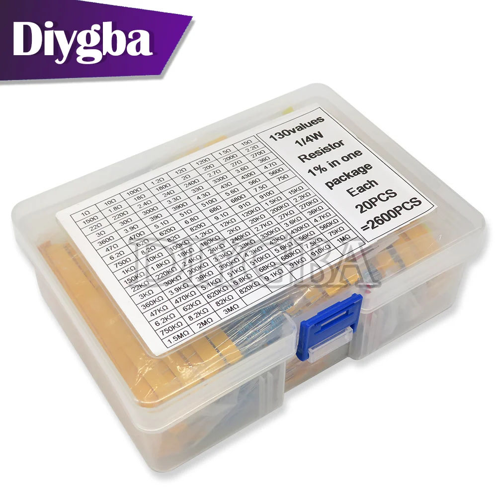 2600PCS/lot 130 Values 1/4W 0.25W 1% Metal Film Resistors Assorted Pack Kit Set Lot Resistors Assortment Kits Fixed resistor