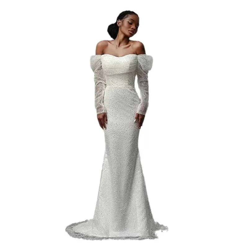 2024 new wedding dress African mermaid slim temperament elegant fishtail long bead embroidered lace-up trailing