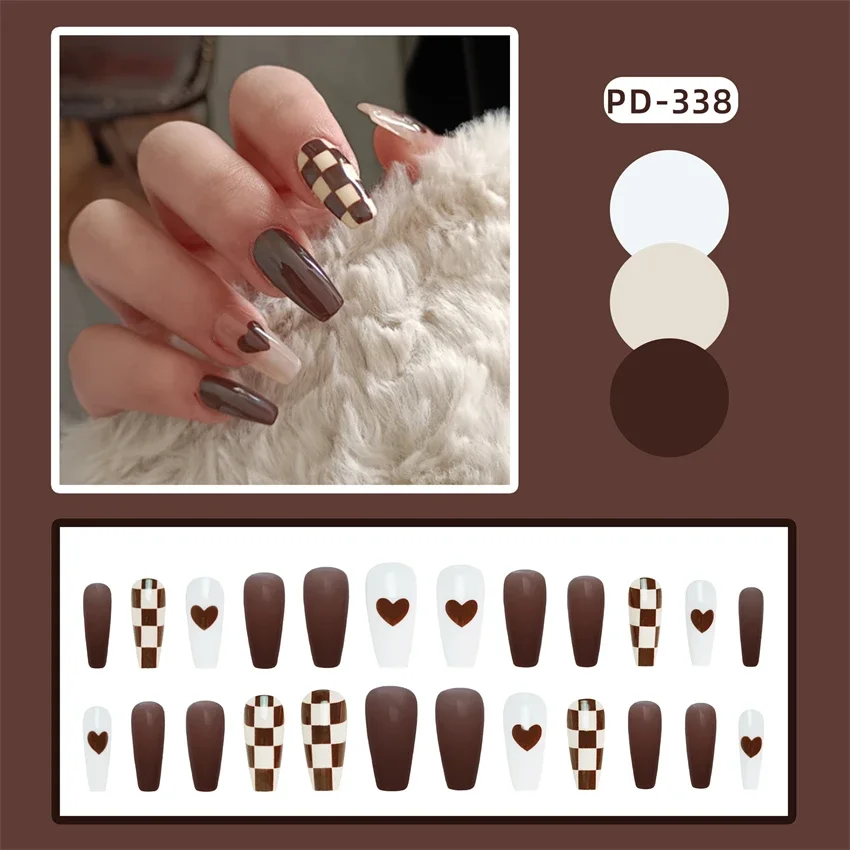 24Ps/Set Handmade Coffee Color Wearing False Nails Art Hundreds Removable Design Fake Nails French Fashion Acrylic Press on Nail