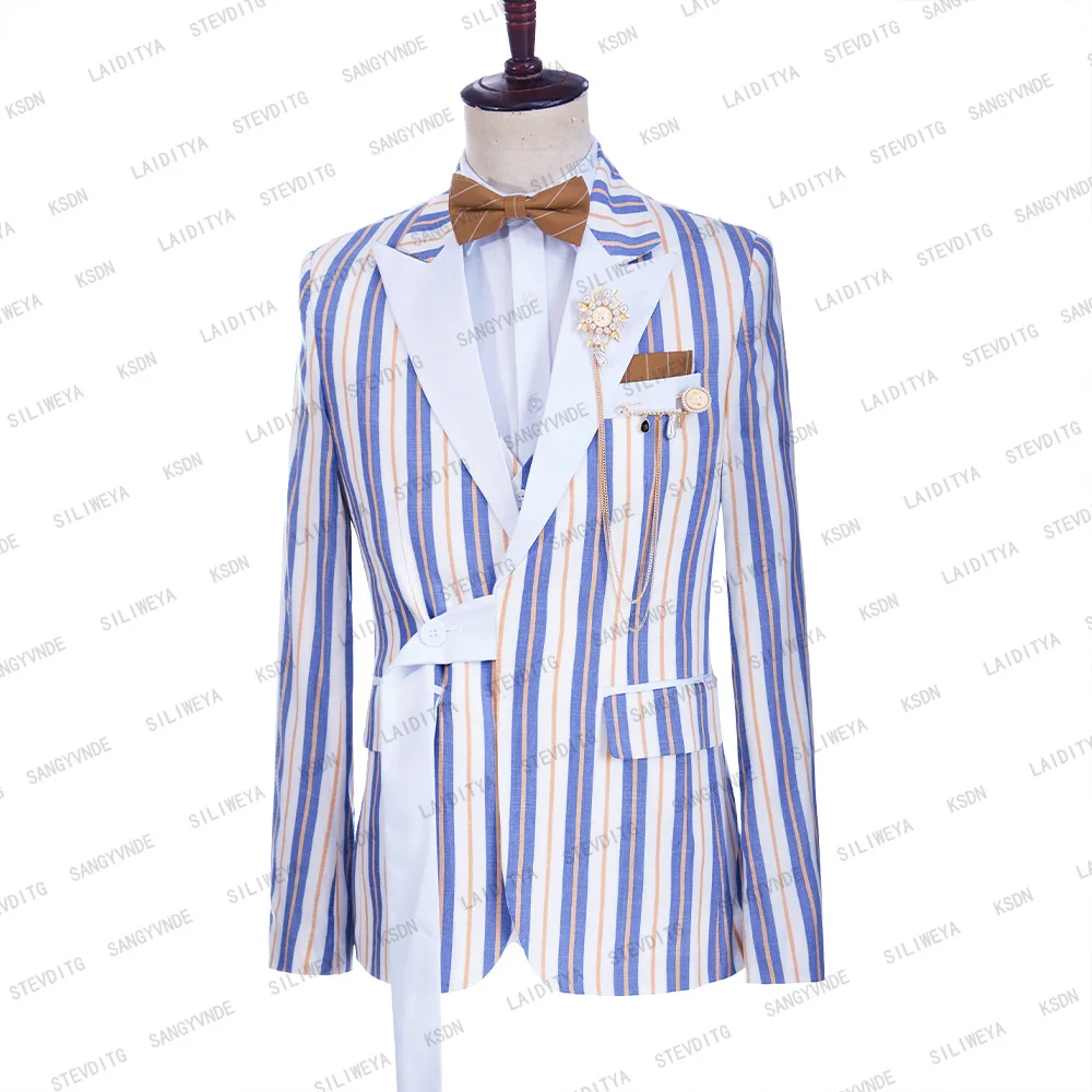 2023 Men Suit 2 Pieces Linen Leisure Set Blue White Orange Stripe Slim Fit Peaked Lapel Single Breated Fashion Coat Pants