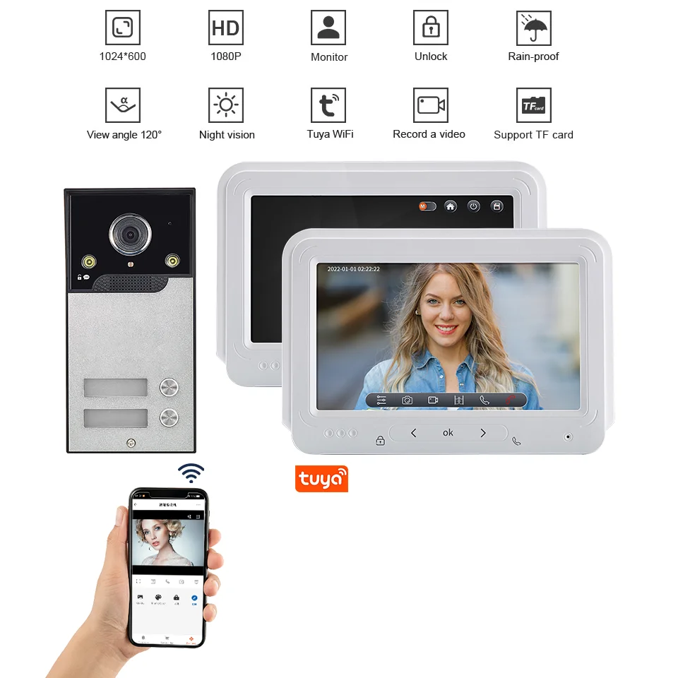 

WiFi Tuya Smart Video Door Phone 7inch 1080P Video Intercom System Wide Angle Camera AHD Video Doorbell For 2/3/4 Units Building