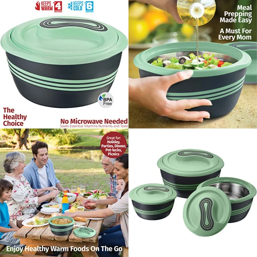 

Insulated Casserole Dish with Lid 3 pc 2.6/2/1 qt. Hot Pot Food Warmer/Cooler Thermal Soup/Salad Serving Bowl- Stainless Steel