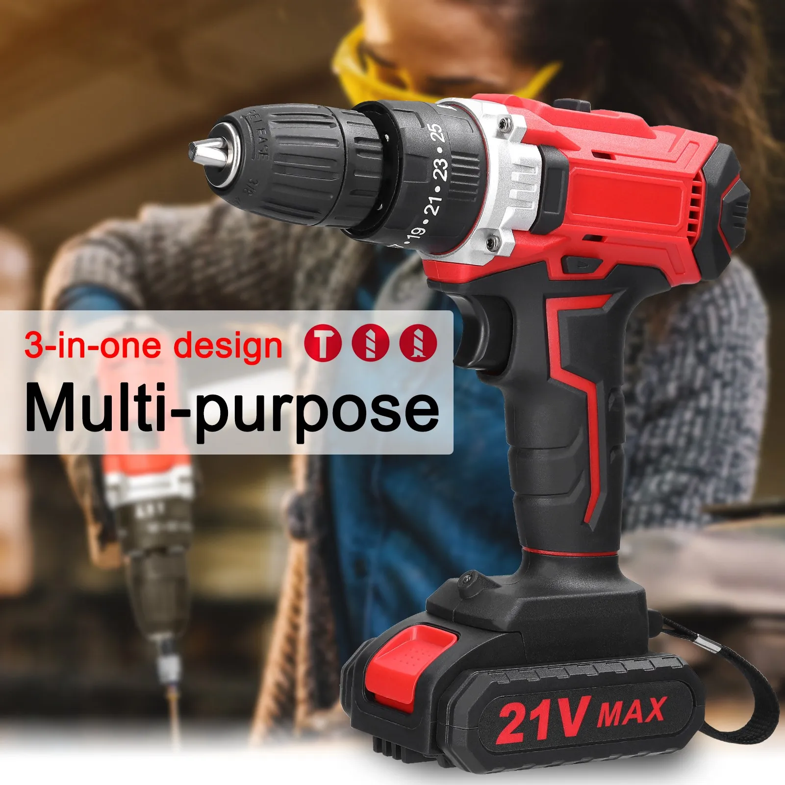 

21V Electric Drill 3In1 Multifuctional Electric Drill Brush Motor 2 Speeds Control Stepless Speed Regulation 25 Gears Torques