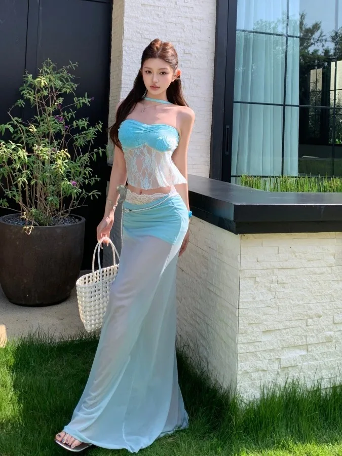 

Sexy Island Girl Lace Splice Draped Ba Top f Skirt Two Piece Set Breathable Lightweight Summer Faion Women's Ensemble