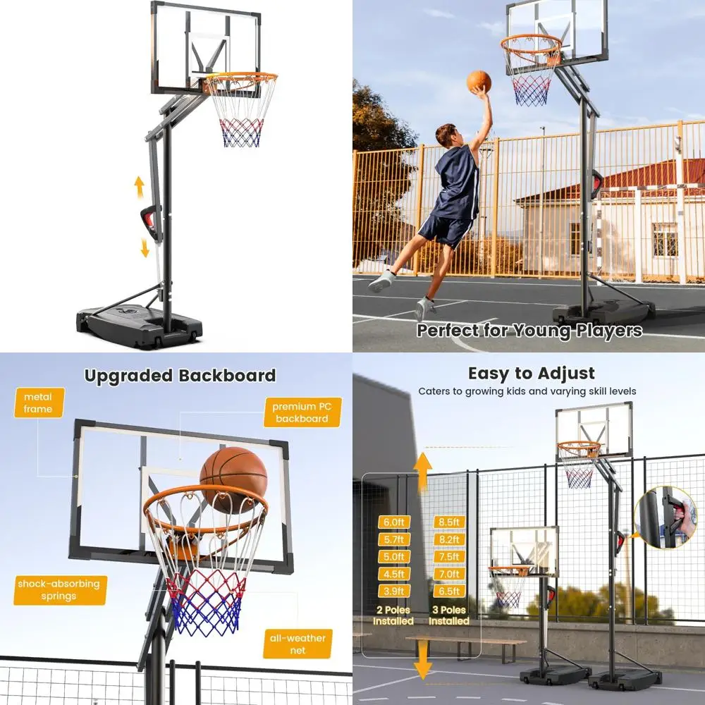 

Adjustable Height Outdoor Basketball Hoop with HDPE Backboard, Portable for Kids, Teens, Adults, and Backyard Court Game