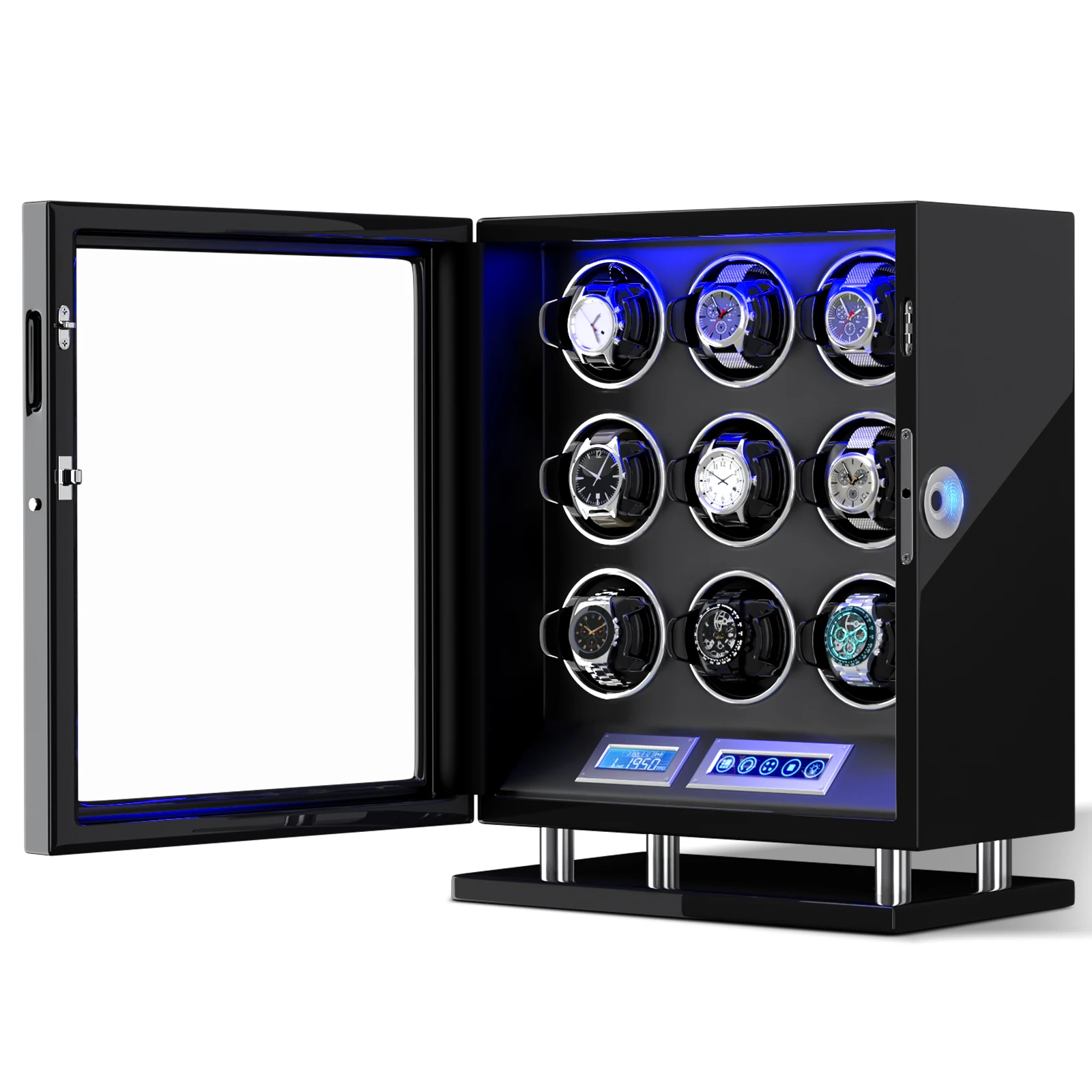 

Fingerprint Unlock Automatic 9 Watch Winder Wood Watch Storage Box Touch Control and Interior Backlight Watches Safe Box