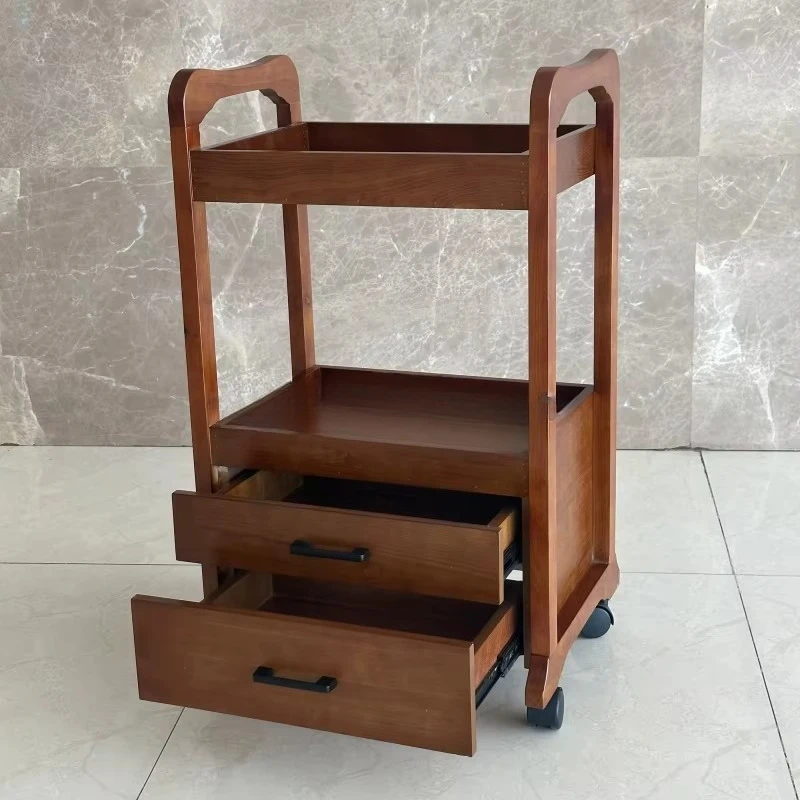 Beauty Salon Wooden Trolley  Cart With Double Drawers Hairdressing Stool Furniture