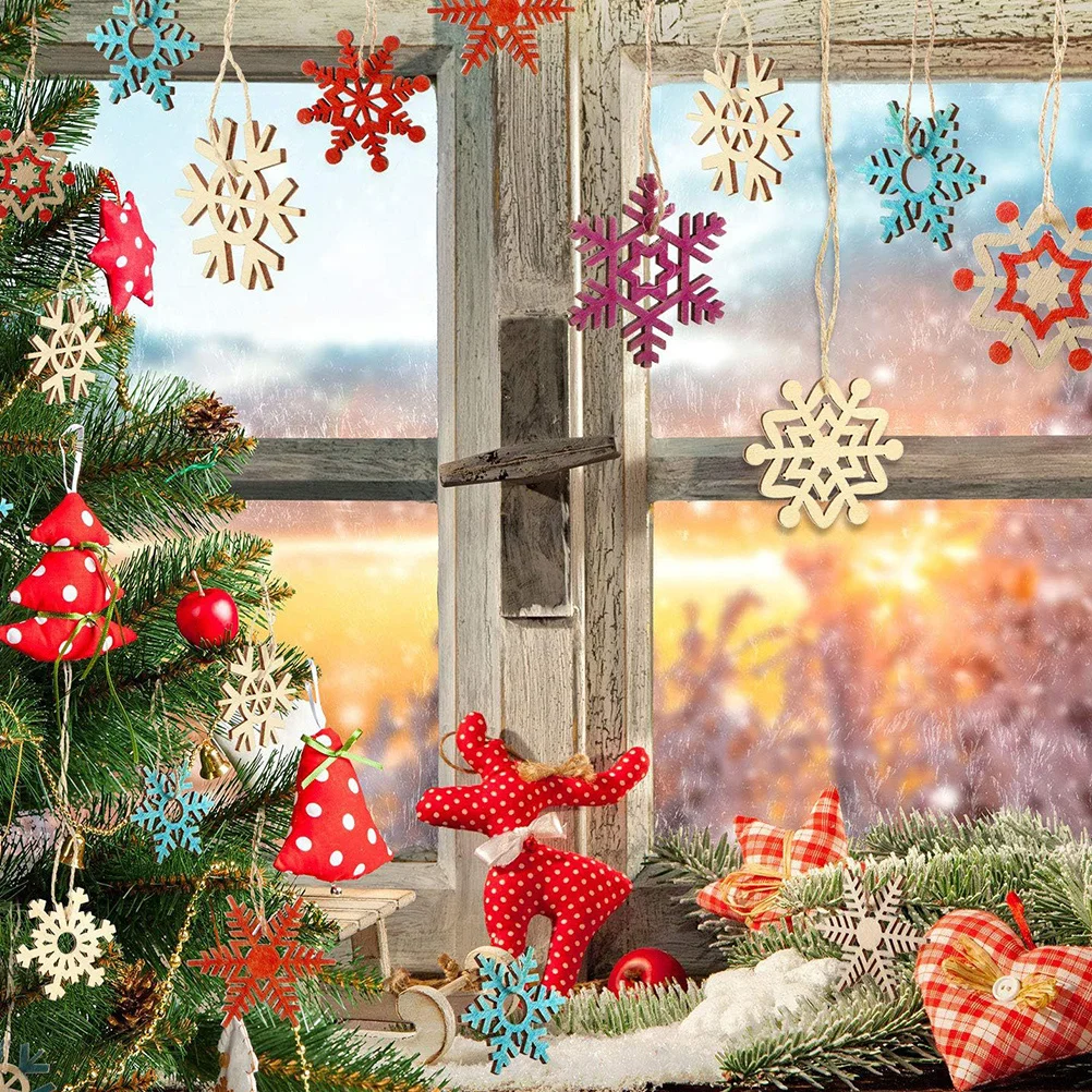 

100Pcs Snowflake Pendant Wooden Xmas Ornament Set Blank Hand Painting Decorative DIY Christmas Cutouts Party Favor