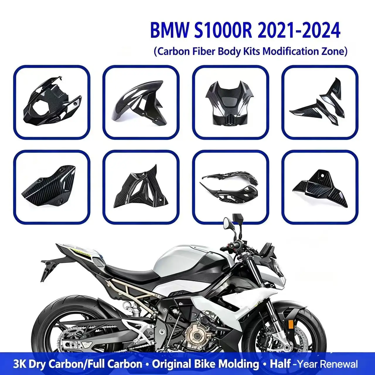 Accessoires de modification de carénage complet en fibre de carbone pour moto BMW S1000R 2021 22 23 2024