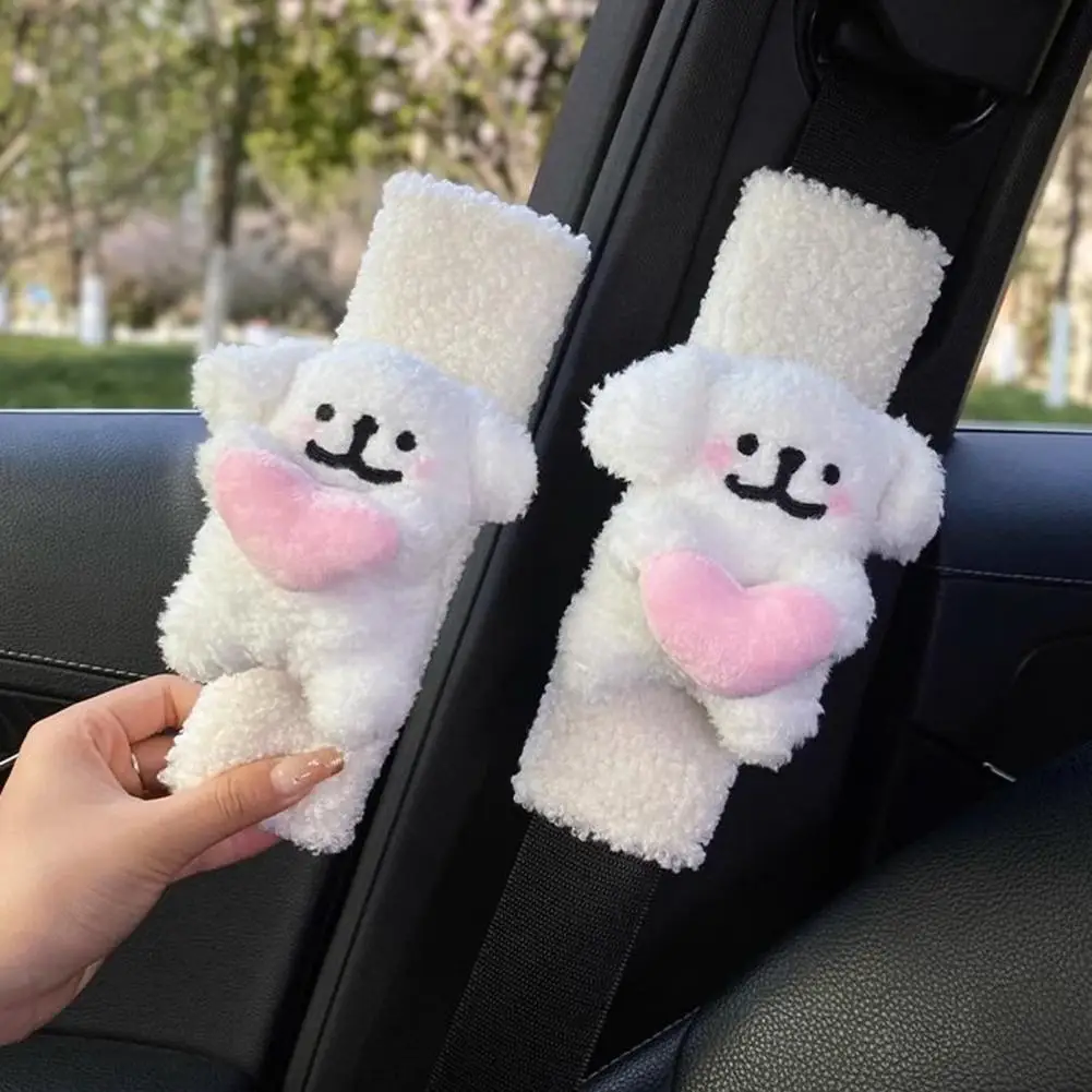 2Pcs Cartoon Dog Seat Belt Cover Pads Simple Installation Versatile Winter Plush Fluffy Soft Seat Belt Covers 자동차 안전벨트 덮개