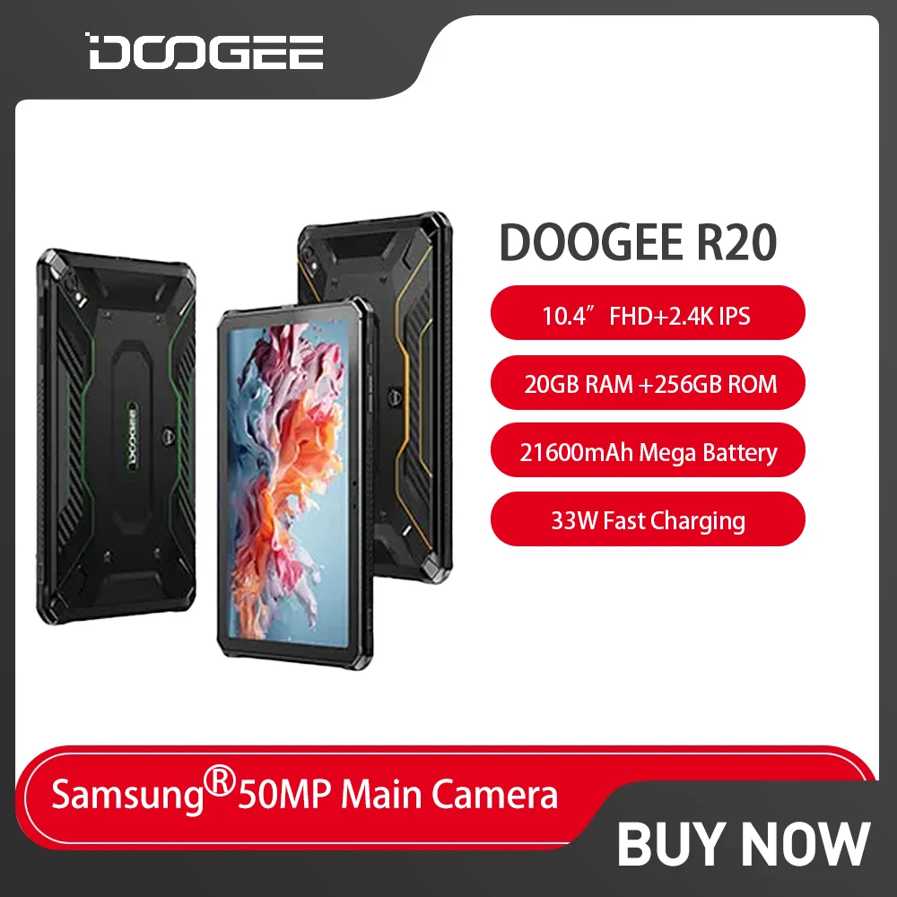 

DOOGEE R20 Rugged Tablet 10.4 Inch 2.4K Helio G99 Octa Core Pad 20GB+256GB 21600mAh 50MP 33W Fast Charge Widevine L1 Android 13