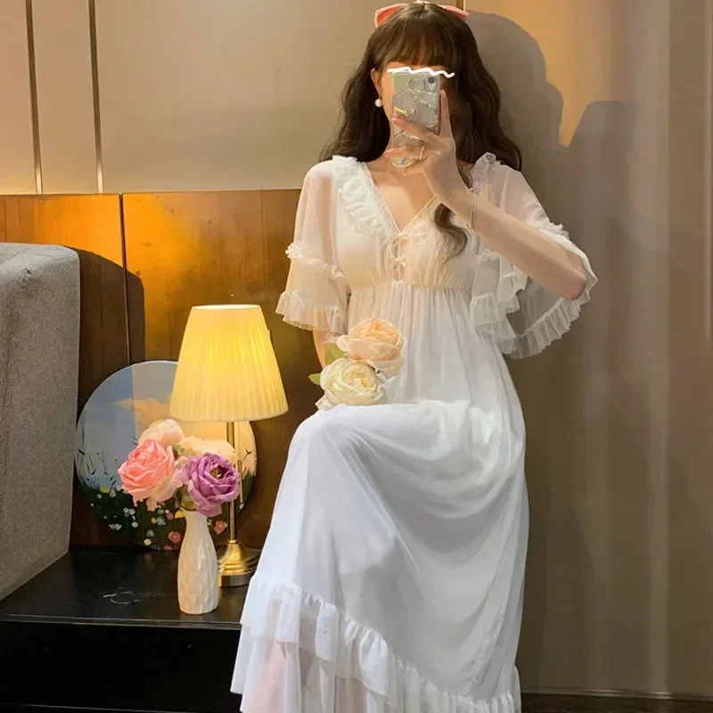 

Fairy Nightdress Dress White Pad Chest Women Night Lolita Sleepwear Princess Lace Loungewear With Kawaii Nightgown