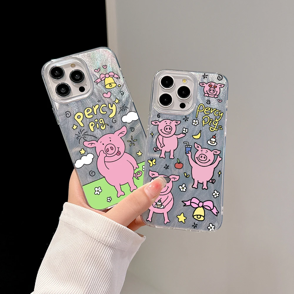 Cute Pink Percies Pig Phone Case for Oppo A79 A58 A54S A53 A38 A33 A32 A31 A17 A16K A16 A15 A7 4G 5G Feather Texture Hard Cover