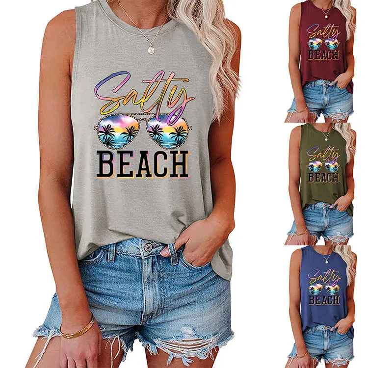 New casual vest SALTY BEACH sunglasses print summer fashion sleeveless shirt