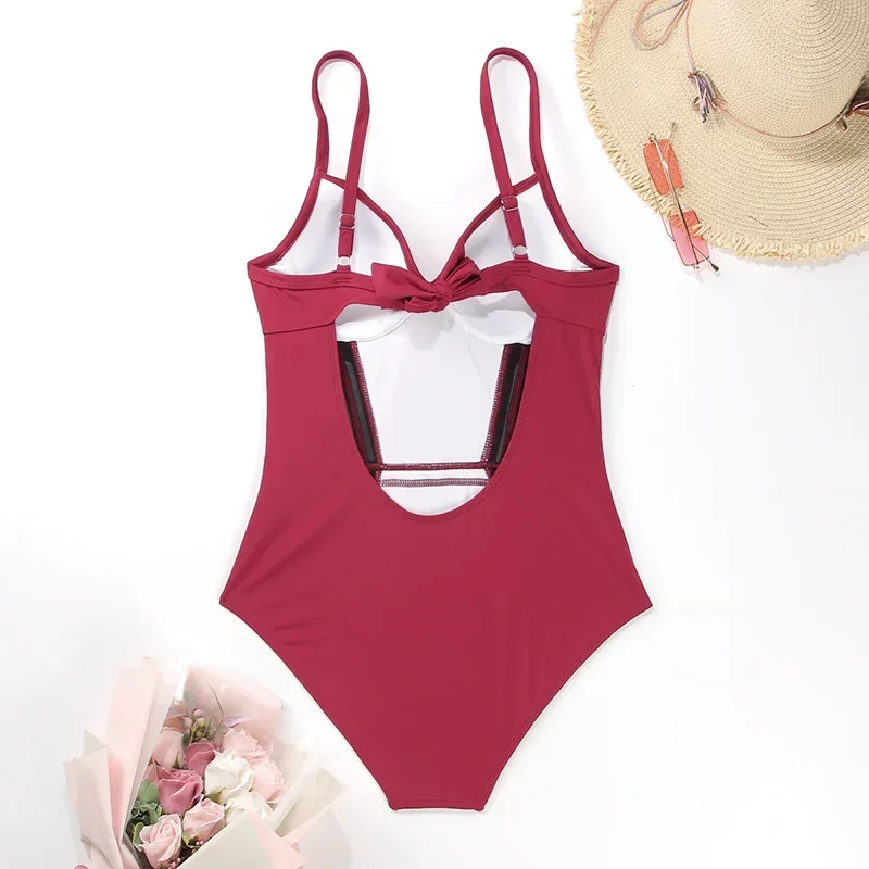 Sexy Swimsuits Patchwork Swimwear Mesh One Piece Suit String Beachwear Red Color Bodysuit