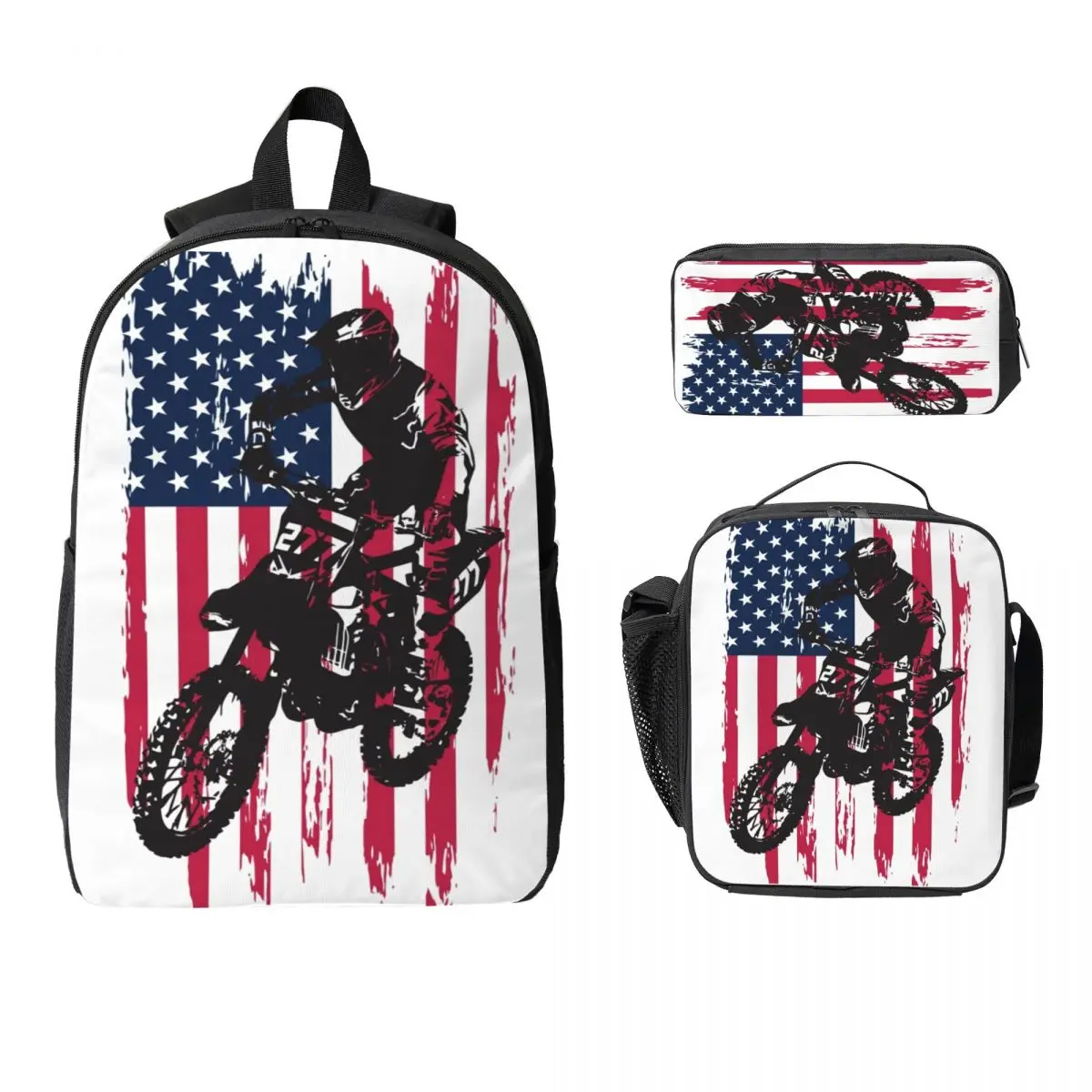 

Байк для мотокросса, США, рюкзак с американским флагом, студенческая сумка для книг для мальчиков и девочек, школьная сумка, 3 шт., изолированная сумка для обеда, пенал