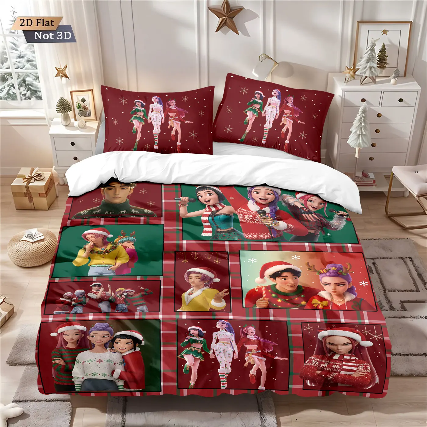 

Christmas Cartoons Kpop Demon Hunters Themed Colorful Print Bedding Set Duvet Cover for Kid Girls Gift Home Decor Home Textile