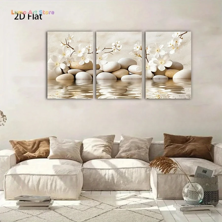 2D Flat Set of 3 Unframed Canvas Prints Featuring White Flowers And Pebbles, Ideal for Halloween And Christ