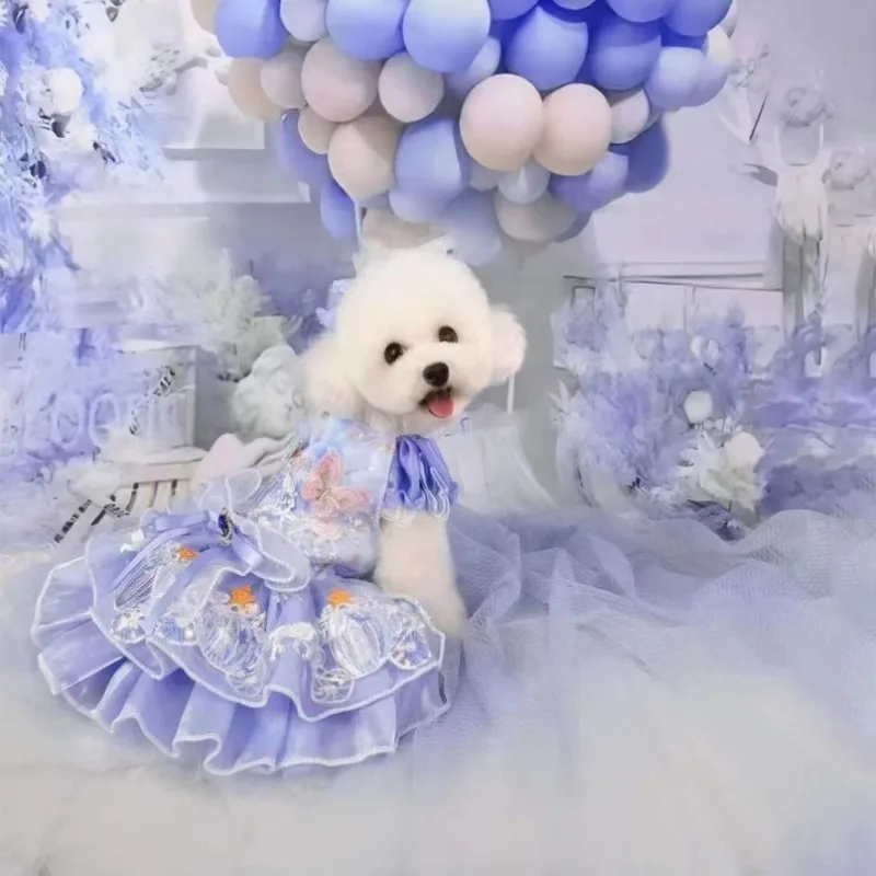 Handmade Dog Princess Costume Custom Size,Pumpkin Carriage Dress, Birthday Party Gown Pets Dress,Puppy Lace Fairy Tutu(blue)