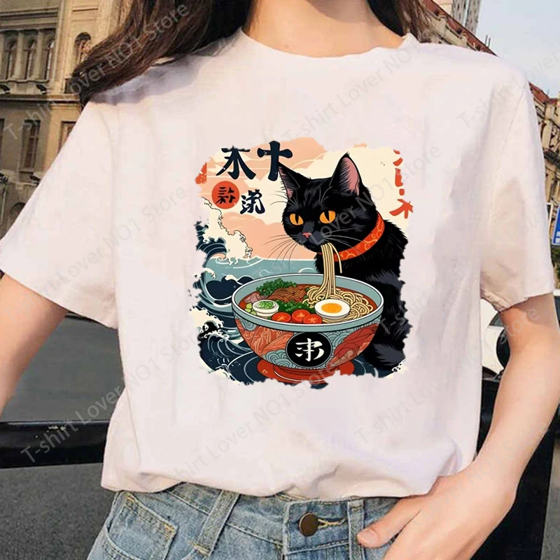 Kawaii Cat Anime Tshirt Ramen Japanese Funny Graphic Tee Kawaii Noodle Cat Tee Shirt Man Short Sleeve T-shirt Harajuku Clothes