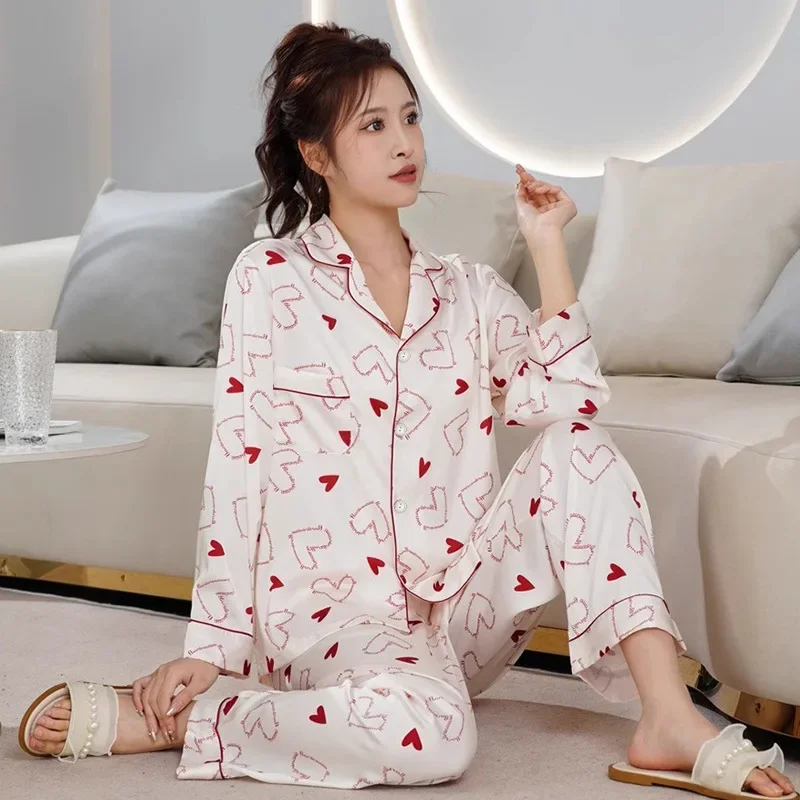 Women's Pajamas Sets Spring Autumn 2 Piece Letter Heart Pyjama Faux Silk Satin Sleepwear Long Sleeve Pijama Mujer Pjs Homewear