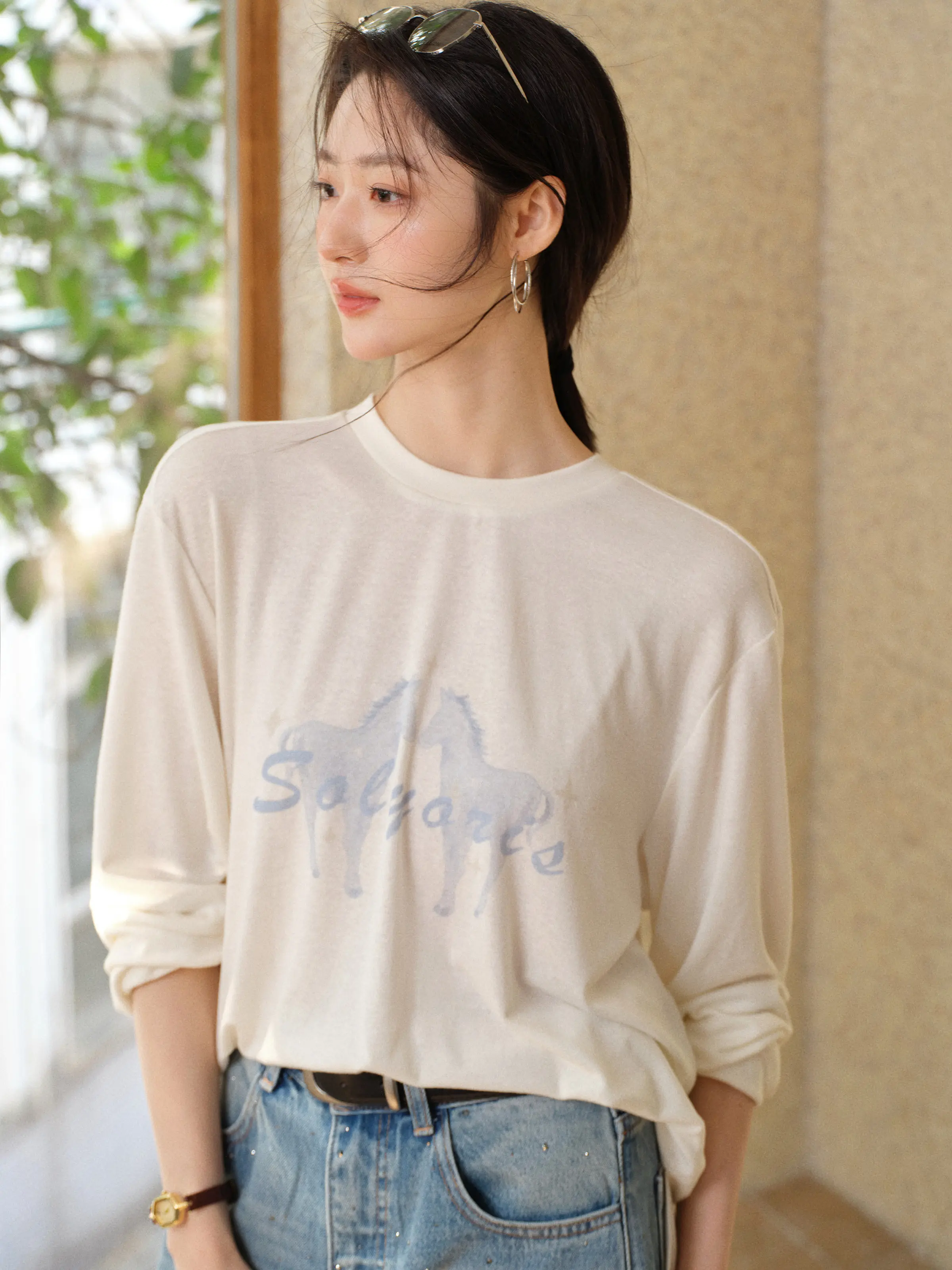 Women Pastel Pony Print T Shirt Spring Casual Versatile Loose Round Neck Top for Lady Fashion Comfortable Daily Wear Soft Blouse