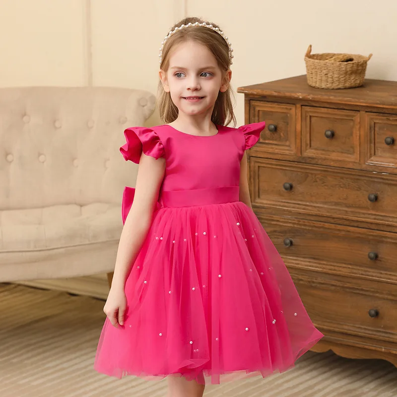 

HETISO Baby Girls Dress Children Pearls Wedding Ball Gown Kids Tulle Puff Sleeve Elegant Party Frocks 3-10 Years