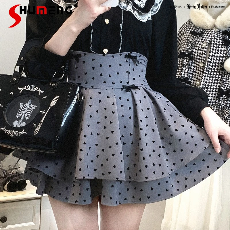 

2025 Autumn New Japanese Lolita Style Heart Bow Double Layer Puff Skirt Kawaii Clothes High-waisted Short Mini Skirts For Ladies